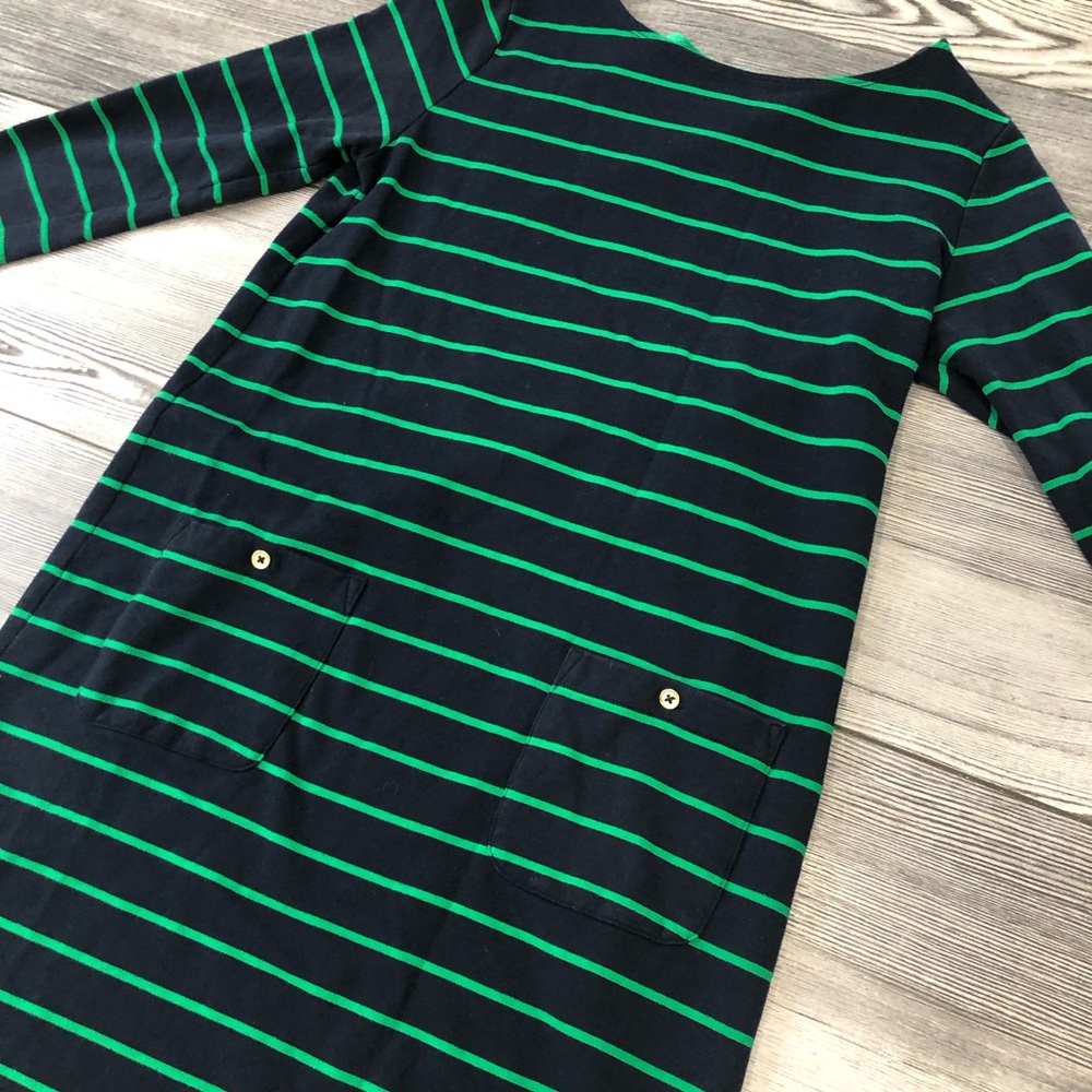 Adrienne Vittadini Navy/Green Striped Shift Dress